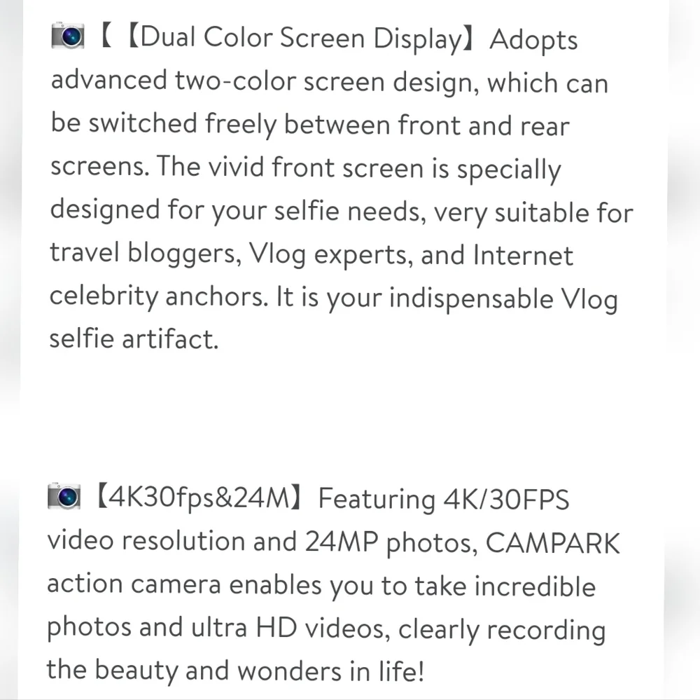 CAMPARK 4K/30FPS Dual Color Screen Action Camera 24MP Ultra HD Wifi Underwater